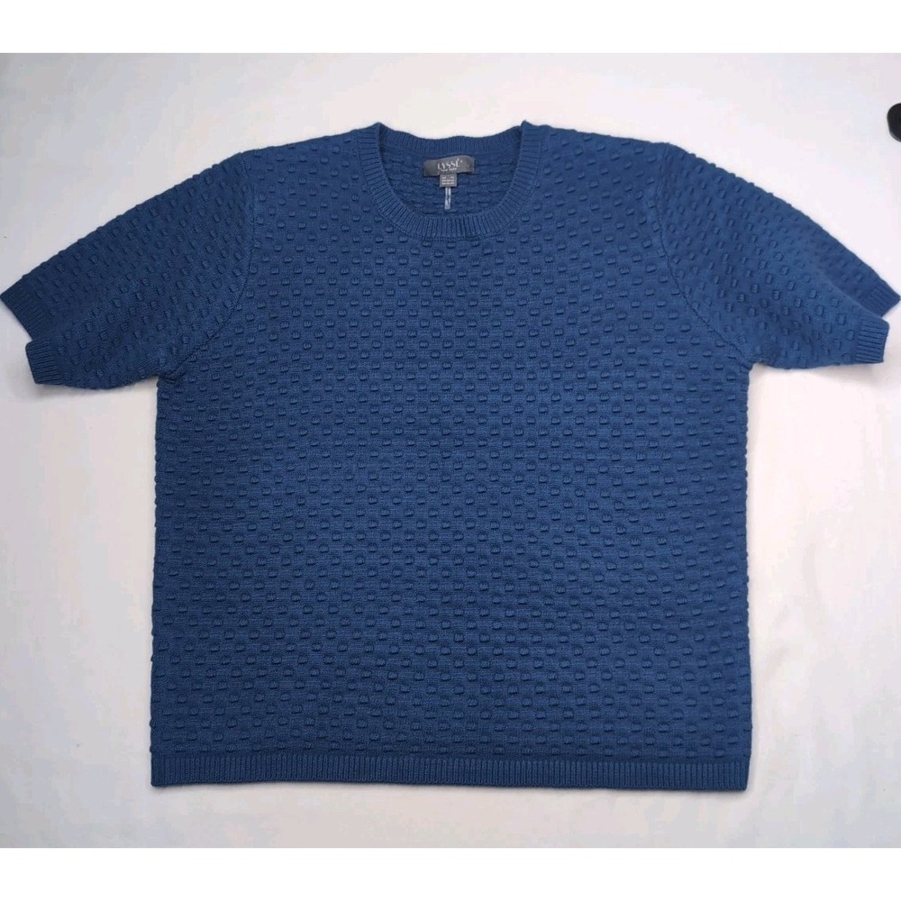 Lyssé Women's XL Short Sleeve Sweater Top navy blue crew neck Textured